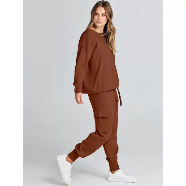 imageANRABESS Womens Two Piece Outfits Knit Sweater Sets Long Sleeve Pullover Tops Cargo Jogger Pants Lounge Matching SetsBrown