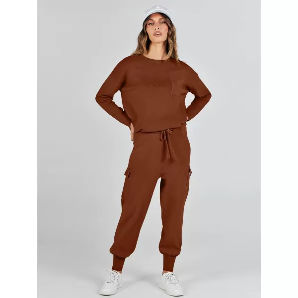 imageANRABESS Womens Two Piece Outfits Knit Sweater Sets Long Sleeve Pullover Tops Cargo Jogger Pants Lounge Matching SetsBrown