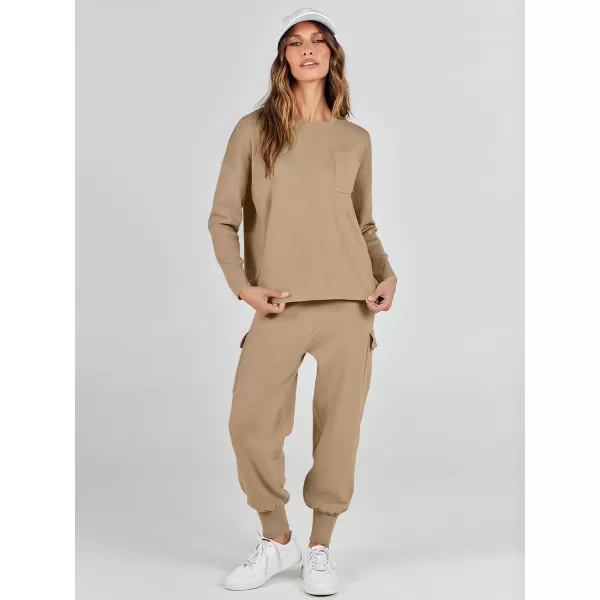 imageANRABESS Womens Two Piece Outfits Knit Sweater Sets Long Sleeve Pullover Tops Cargo Jogger Pants Lounge Matching SetsCamel