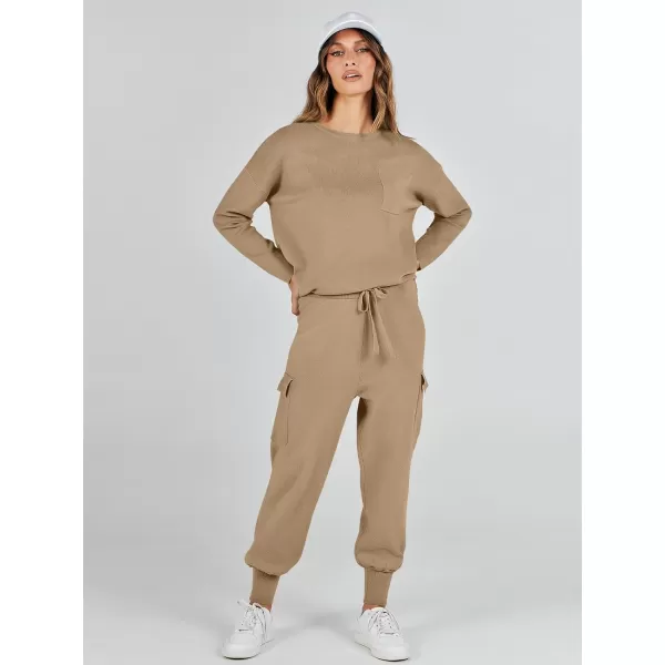 imageANRABESS Womens Two Piece Outfits Knit Sweater Sets Long Sleeve Pullover Tops Cargo Jogger Pants Lounge Matching SetsCamel