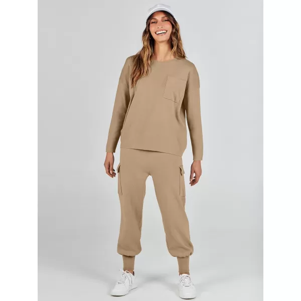 imageANRABESS Womens Two Piece Outfits Knit Sweater Sets Long Sleeve Pullover Tops Cargo Jogger Pants Lounge Matching SetsCamel