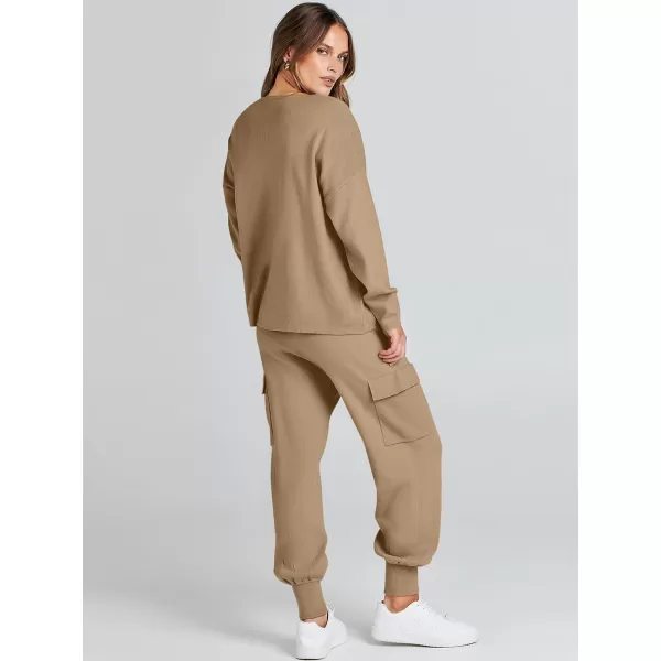 imageANRABESS Womens Two Piece Outfits Knit Sweater Sets Long Sleeve Pullover Tops Cargo Jogger Pants Lounge Matching SetsCamel