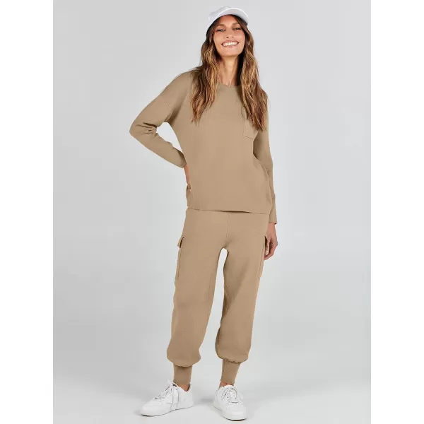 imageANRABESS Womens Two Piece Outfits Knit Sweater Sets Long Sleeve Pullover Tops Cargo Jogger Pants Lounge Matching SetsCamel
