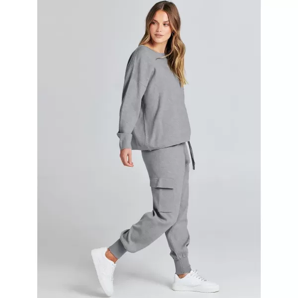 imageANRABESS Womens Two Piece Outfits Knit Sweater Sets Long Sleeve Pullover Tops Cargo Jogger Pants Lounge Matching SetsDark Grey