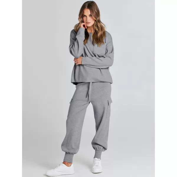 imageANRABESS Womens Two Piece Outfits Knit Sweater Sets Long Sleeve Pullover Tops Cargo Jogger Pants Lounge Matching SetsDark Grey