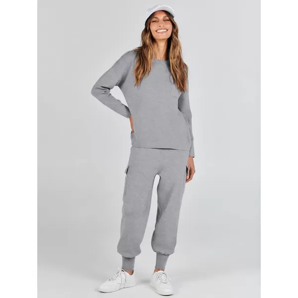 imageANRABESS Womens Two Piece Outfits Knit Sweater Sets Long Sleeve Pullover Tops Cargo Jogger Pants Lounge Matching SetsDark Grey