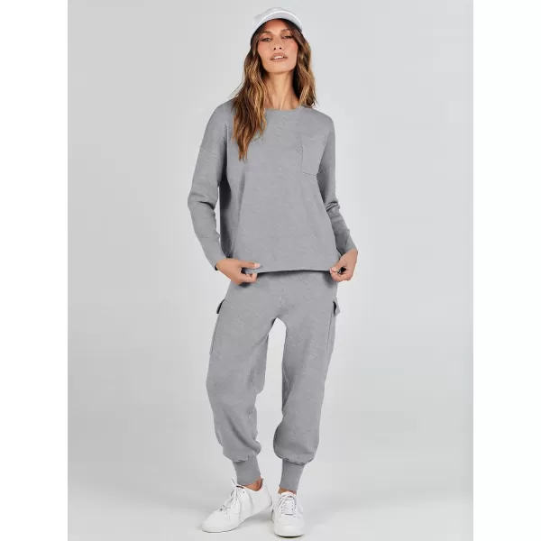 imageANRABESS Womens Two Piece Outfits Knit Sweater Sets Long Sleeve Pullover Tops Cargo Jogger Pants Lounge Matching SetsDark Grey