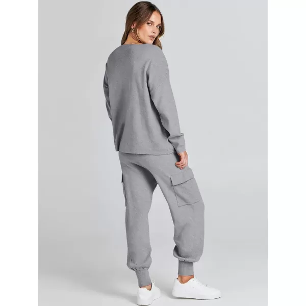 imageANRABESS Womens Two Piece Outfits Knit Sweater Sets Long Sleeve Pullover Tops Cargo Jogger Pants Lounge Matching SetsDark Grey