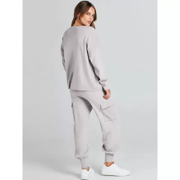 imageANRABESS Womens Two Piece Outfits Knit Sweater Sets Long Sleeve Pullover Tops Cargo Jogger Pants Lounge Matching SetsGrey