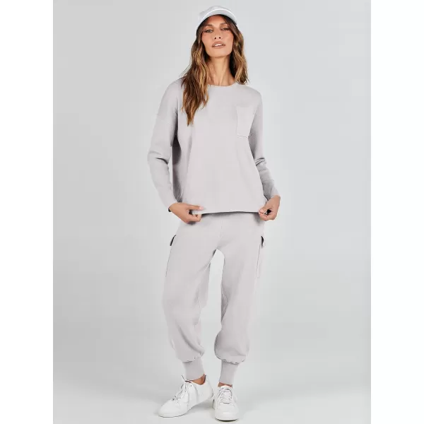 imageANRABESS Womens Two Piece Outfits Knit Sweater Sets Long Sleeve Pullover Tops Cargo Jogger Pants Lounge Matching SetsGrey