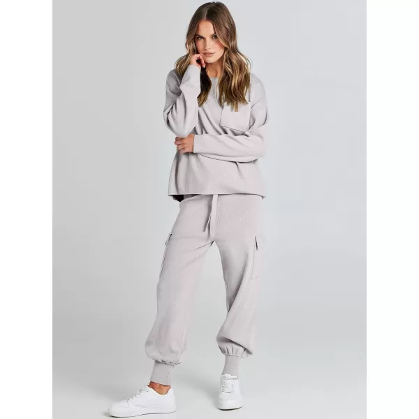imageANRABESS Womens Two Piece Outfits Knit Sweater Sets Long Sleeve Pullover Tops Cargo Jogger Pants Lounge Matching SetsGrey