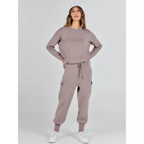imageANRABESS Womens Two Piece Outfits Knit Sweater Sets Long Sleeve Pullover Tops Cargo Jogger Pants Lounge Matching SetsKhaki