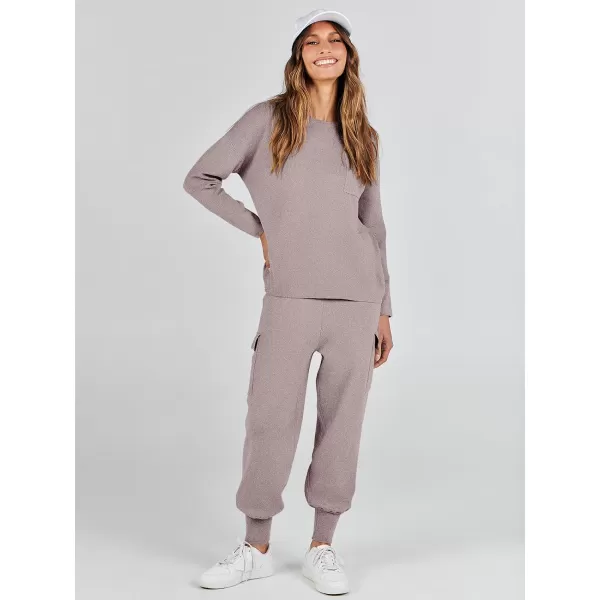 imageANRABESS Womens Two Piece Outfits Knit Sweater Sets Long Sleeve Pullover Tops Cargo Jogger Pants Lounge Matching SetsKhaki