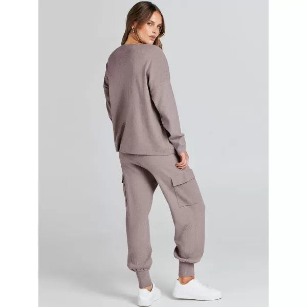 imageANRABESS Womens Two Piece Outfits Knit Sweater Sets Long Sleeve Pullover Tops Cargo Jogger Pants Lounge Matching SetsKhaki
