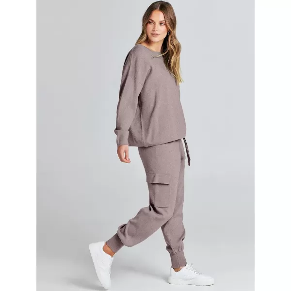 imageANRABESS Womens Two Piece Outfits Knit Sweater Sets Long Sleeve Pullover Tops Cargo Jogger Pants Lounge Matching SetsKhaki