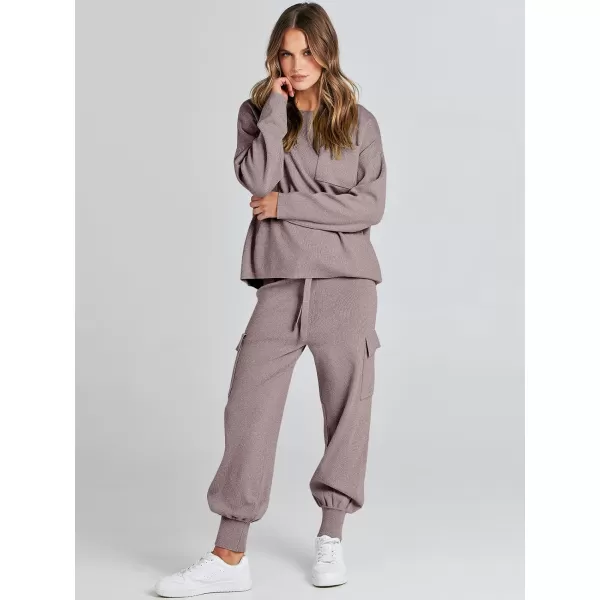 imageANRABESS Womens Two Piece Outfits Knit Sweater Sets Long Sleeve Pullover Tops Cargo Jogger Pants Lounge Matching SetsKhaki