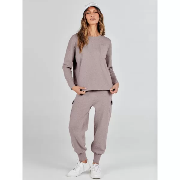 imageANRABESS Womens Two Piece Outfits Knit Sweater Sets Long Sleeve Pullover Tops Cargo Jogger Pants Lounge Matching SetsKhaki