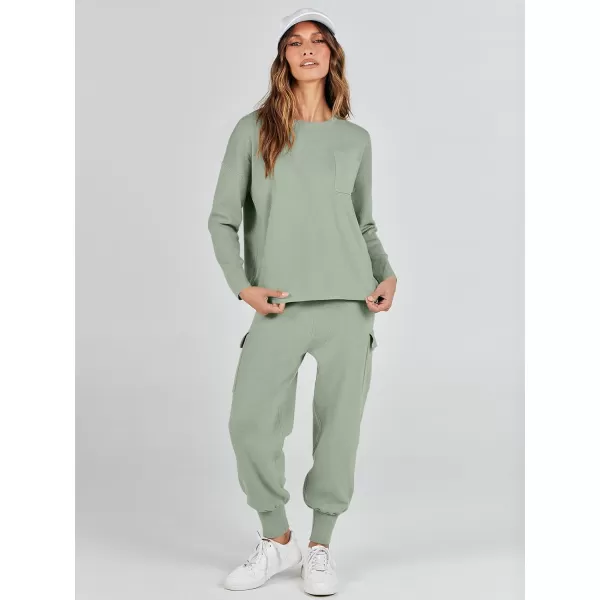 imageANRABESS Womens Two Piece Outfits Knit Sweater Sets Long Sleeve Pullover Tops Cargo Jogger Pants Lounge Matching SetsMint