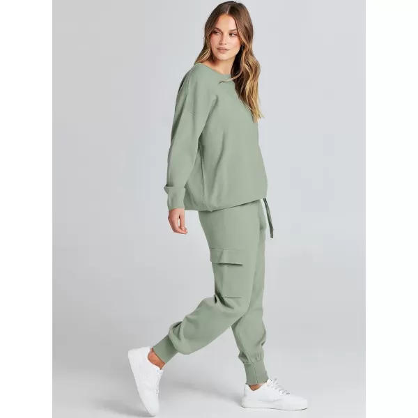imageANRABESS Womens Two Piece Outfits Knit Sweater Sets Long Sleeve Pullover Tops Cargo Jogger Pants Lounge Matching SetsMint