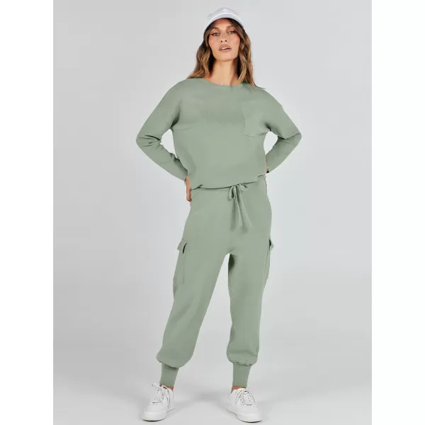 imageANRABESS Womens Two Piece Outfits Knit Sweater Sets Long Sleeve Pullover Tops Cargo Jogger Pants Lounge Matching SetsMint