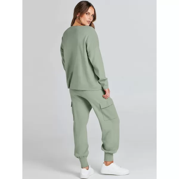 imageANRABESS Womens Two Piece Outfits Knit Sweater Sets Long Sleeve Pullover Tops Cargo Jogger Pants Lounge Matching SetsMint