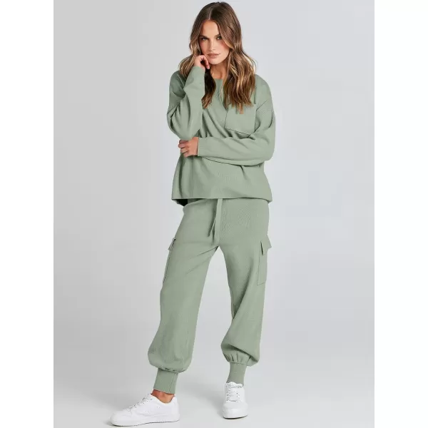 imageANRABESS Womens Two Piece Outfits Knit Sweater Sets Long Sleeve Pullover Tops Cargo Jogger Pants Lounge Matching SetsMint