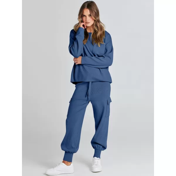 imageANRABESS Womens Two Piece Outfits Knit Sweater Sets Long Sleeve Pullover Tops Cargo Jogger Pants Lounge Matching SetsNavy Blue