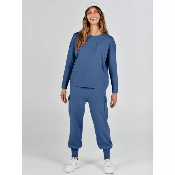 imageANRABESS Womens Two Piece Outfits Knit Sweater Sets Long Sleeve Pullover Tops Cargo Jogger Pants Lounge Matching SetsNavy Blue