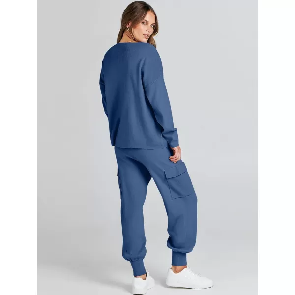 imageANRABESS Womens Two Piece Outfits Knit Sweater Sets Long Sleeve Pullover Tops Cargo Jogger Pants Lounge Matching SetsNavy Blue