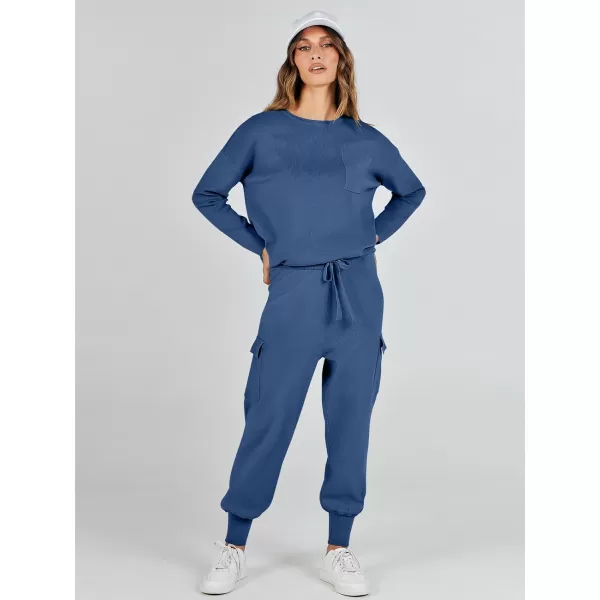 imageANRABESS Womens Two Piece Outfits Knit Sweater Sets Long Sleeve Pullover Tops Cargo Jogger Pants Lounge Matching SetsNavy Blue