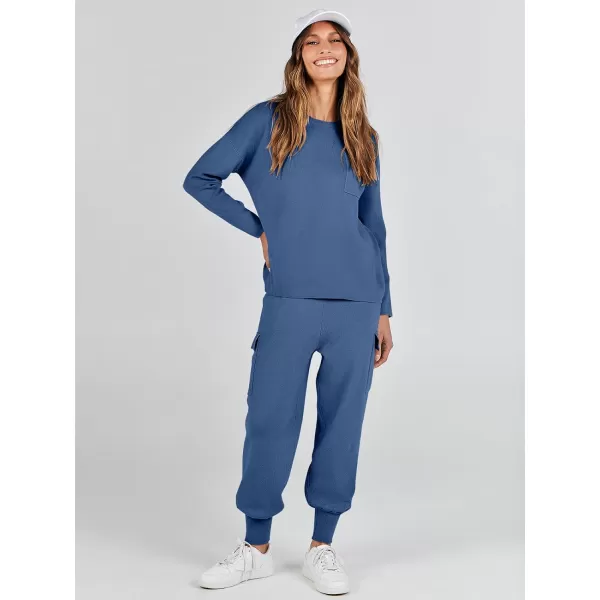 imageANRABESS Womens Two Piece Outfits Knit Sweater Sets Long Sleeve Pullover Tops Cargo Jogger Pants Lounge Matching SetsNavy Blue