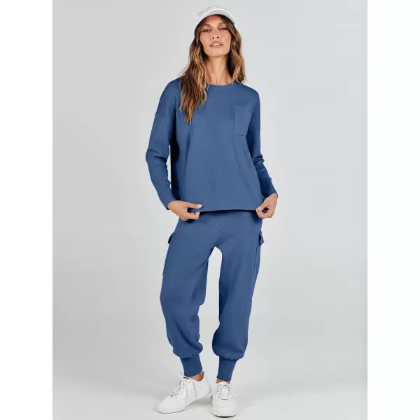 imageANRABESS Womens Two Piece Outfits Knit Sweater Sets Long Sleeve Pullover Tops Cargo Jogger Pants Lounge Matching SetsNavy Blue