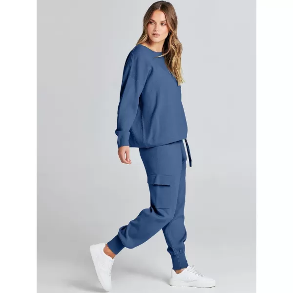 imageANRABESS Womens Two Piece Outfits Knit Sweater Sets Long Sleeve Pullover Tops Cargo Jogger Pants Lounge Matching SetsNavy Blue