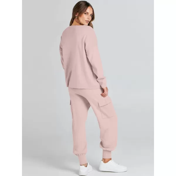 imageANRABESS Womens Two Piece Outfits Knit Sweater Sets Long Sleeve Pullover Tops Cargo Jogger Pants Lounge Matching SetsPink