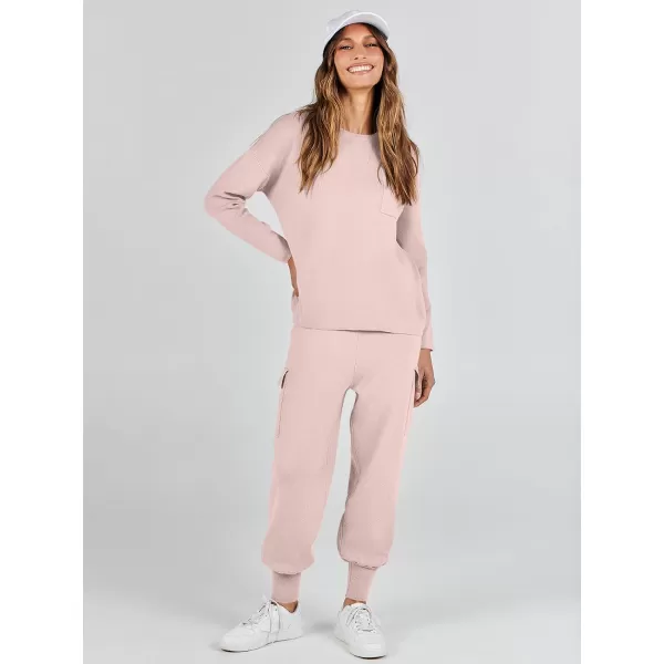imageANRABESS Womens Two Piece Outfits Knit Sweater Sets Long Sleeve Pullover Tops Cargo Jogger Pants Lounge Matching SetsPink