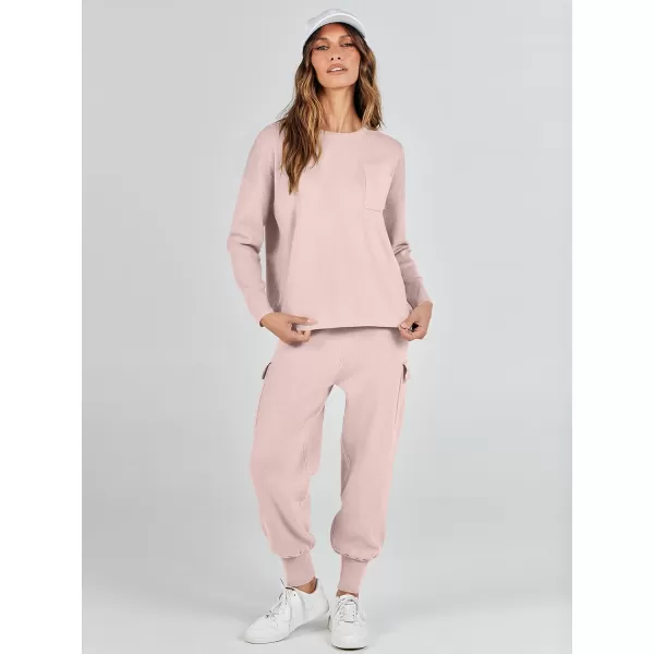 imageANRABESS Womens Two Piece Outfits Knit Sweater Sets Long Sleeve Pullover Tops Cargo Jogger Pants Lounge Matching SetsPink