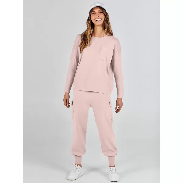 imageANRABESS Womens Two Piece Outfits Knit Sweater Sets Long Sleeve Pullover Tops Cargo Jogger Pants Lounge Matching SetsPink