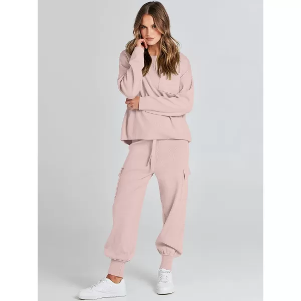 imageANRABESS Womens Two Piece Outfits Knit Sweater Sets Long Sleeve Pullover Tops Cargo Jogger Pants Lounge Matching SetsPink