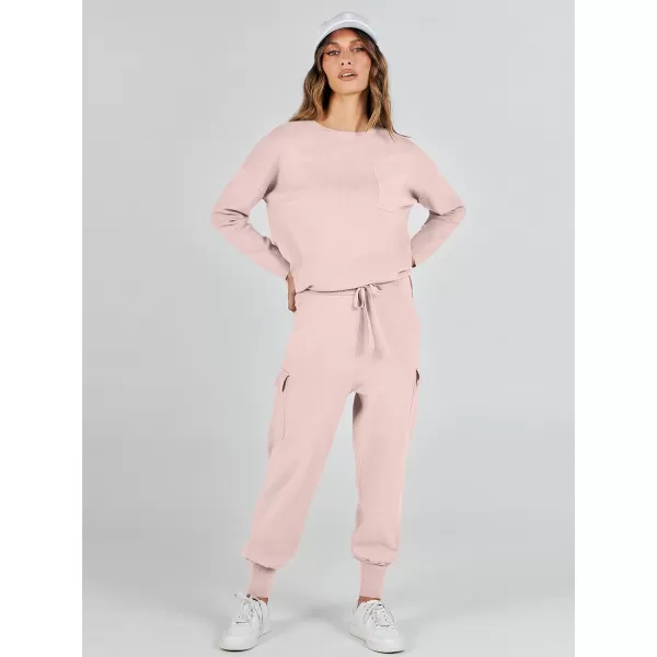 imageANRABESS Womens Two Piece Outfits Knit Sweater Sets Long Sleeve Pullover Tops Cargo Jogger Pants Lounge Matching SetsPink