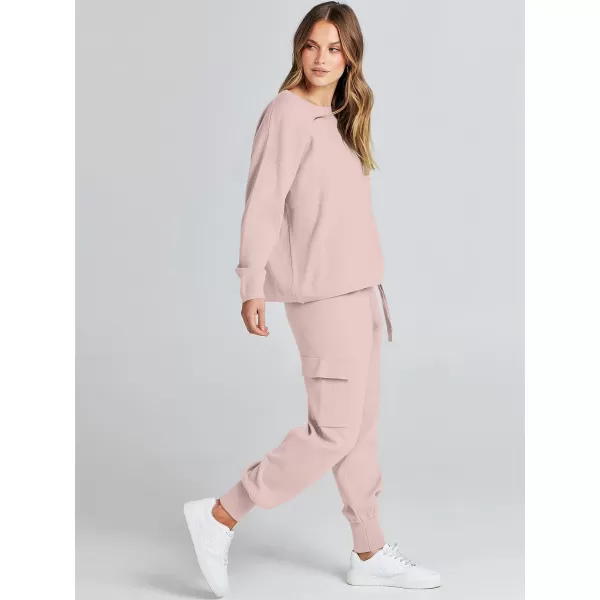 imageANRABESS Womens Two Piece Outfits Knit Sweater Sets Long Sleeve Pullover Tops Cargo Jogger Pants Lounge Matching SetsPink
