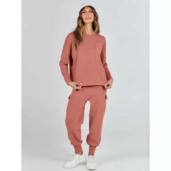 imageANRABESS Womens Two Piece Outfits Knit Sweater Sets Long Sleeve Pullover Tops Cargo Jogger Pants Lounge Matching SetsRust