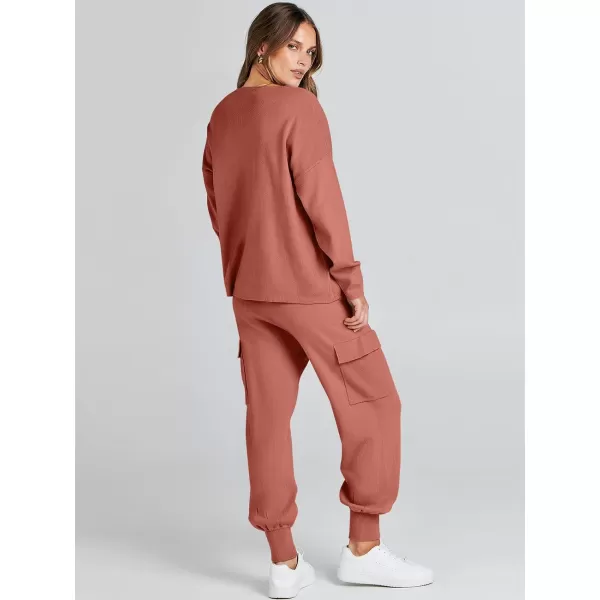 imageANRABESS Womens Two Piece Outfits Knit Sweater Sets Long Sleeve Pullover Tops Cargo Jogger Pants Lounge Matching SetsRust