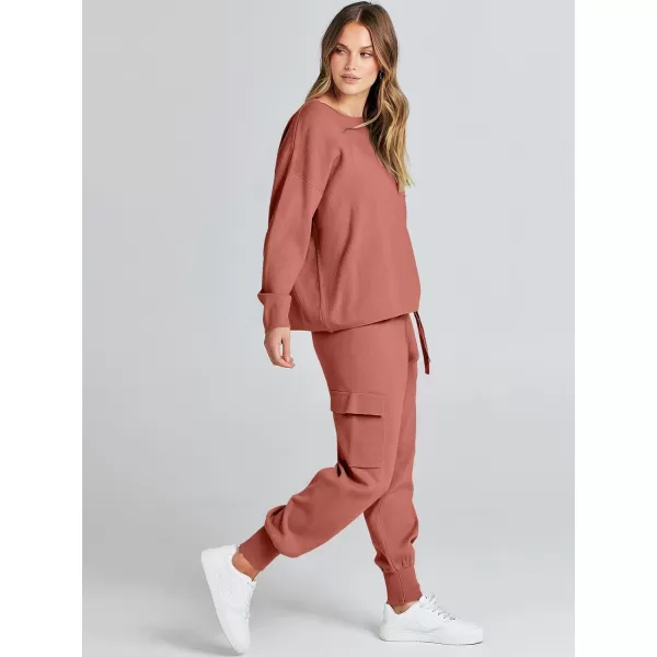 imageANRABESS Womens Two Piece Outfits Knit Sweater Sets Long Sleeve Pullover Tops Cargo Jogger Pants Lounge Matching SetsRust