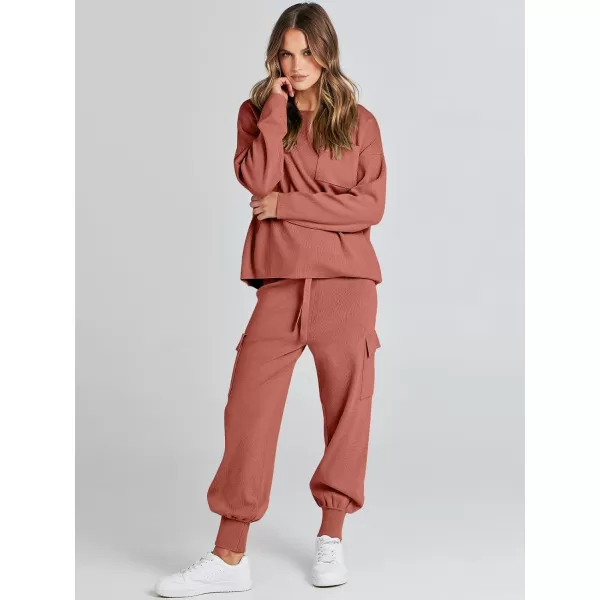 imageANRABESS Womens Two Piece Outfits Knit Sweater Sets Long Sleeve Pullover Tops Cargo Jogger Pants Lounge Matching SetsRust