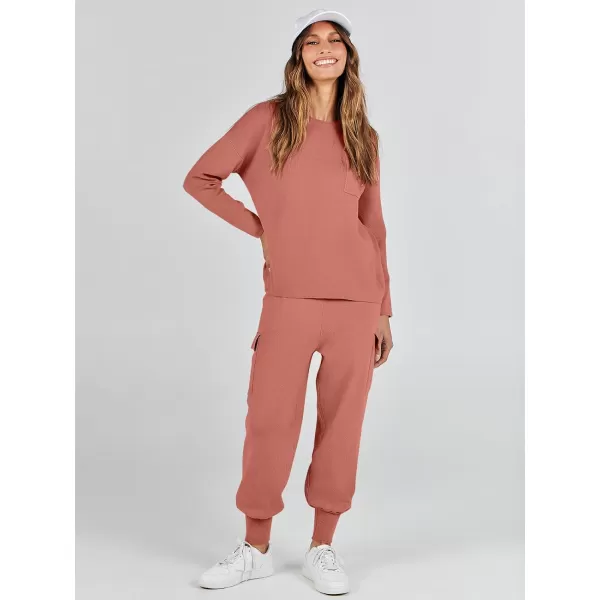 imageANRABESS Womens Two Piece Outfits Knit Sweater Sets Long Sleeve Pullover Tops Cargo Jogger Pants Lounge Matching SetsRust