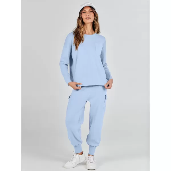 imageANRABESS Womens Two Piece Outfits Knit Sweater Sets Long Sleeve Pullover Tops Cargo Jogger Pants Lounge Matching SetsSky Blue