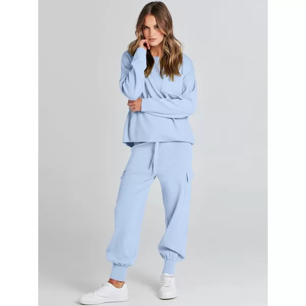 imageANRABESS Womens Two Piece Outfits Knit Sweater Sets Long Sleeve Pullover Tops Cargo Jogger Pants Lounge Matching SetsSky Blue