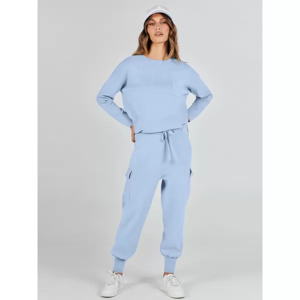 imageANRABESS Womens Two Piece Outfits Knit Sweater Sets Long Sleeve Pullover Tops Cargo Jogger Pants Lounge Matching SetsSky Blue