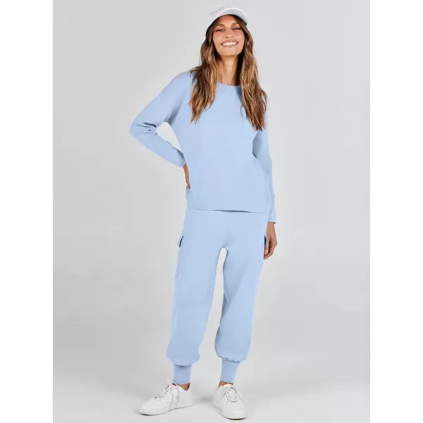 imageANRABESS Womens Two Piece Outfits Knit Sweater Sets Long Sleeve Pullover Tops Cargo Jogger Pants Lounge Matching SetsSky Blue