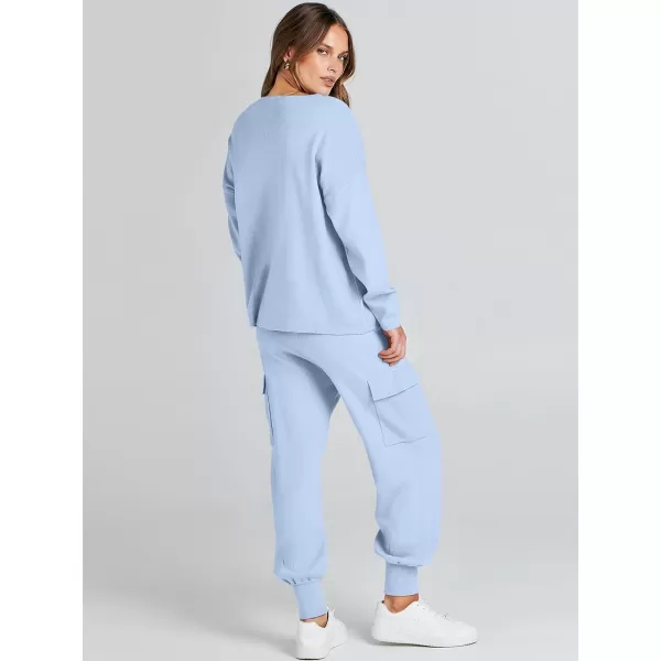 imageANRABESS Womens Two Piece Outfits Knit Sweater Sets Long Sleeve Pullover Tops Cargo Jogger Pants Lounge Matching SetsSky Blue